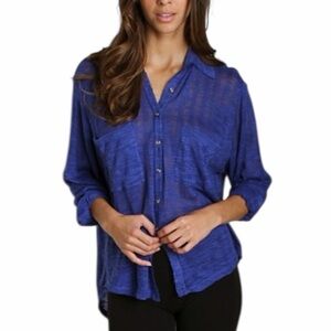 Free People Beach Boho Oversized Cotton Blend Button-Down Shirt Medium Blue